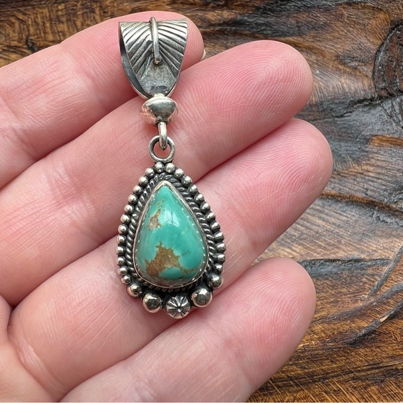 Kingman Turquoise Pendant 925 Sterling Silver | Feather Bail Southwestern - Picture 6 of 11